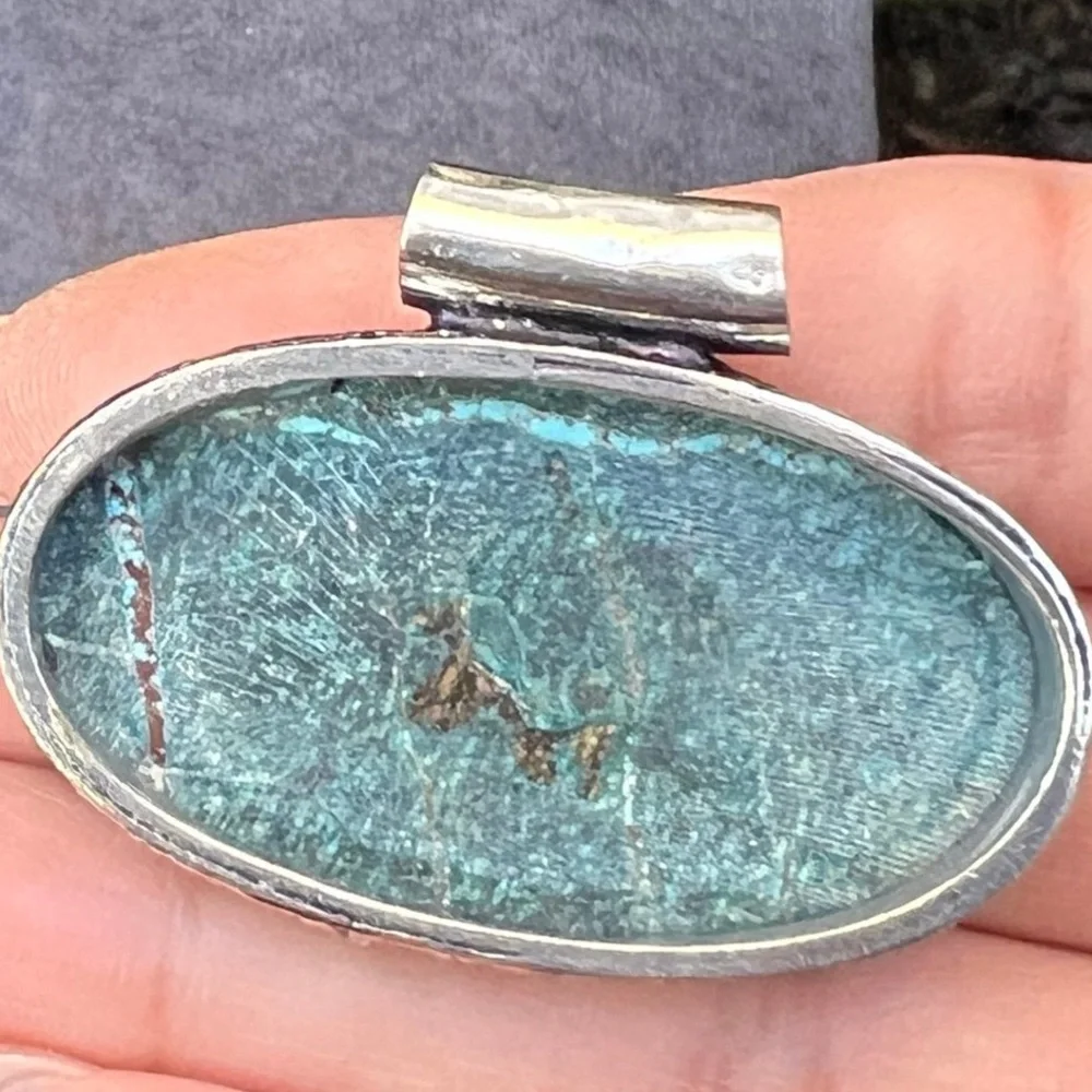 Turquoise & Veining Matrix, Ornate Cut Out Bale & Bezzled SilverOverlay